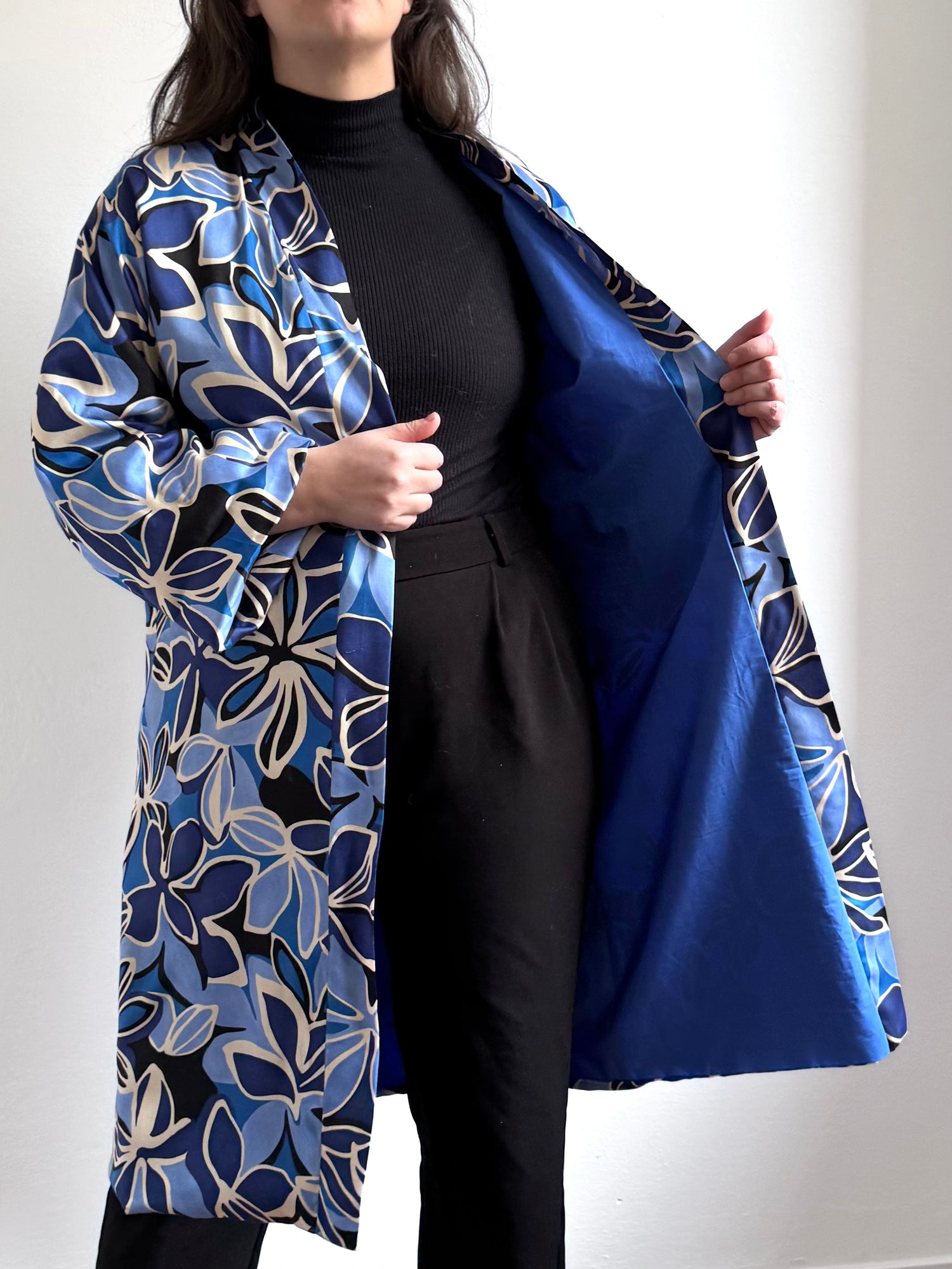 Kimono, FANTASIA FIORI AZZURRI E FODERA CONTRASTO CELESTE