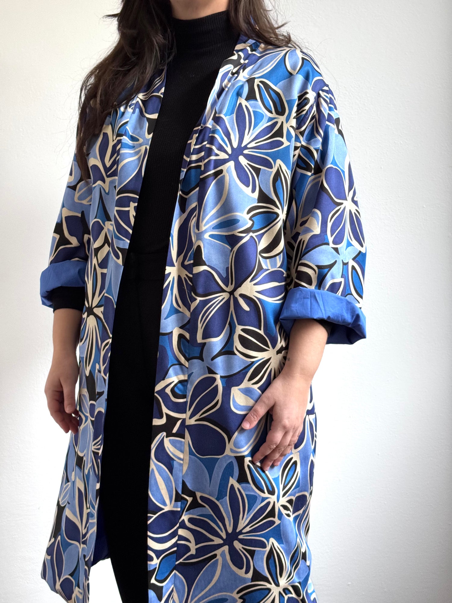 Kimono, FANTASIA FIORI AZZURRI E FODERA CONTRASTO CELESTE