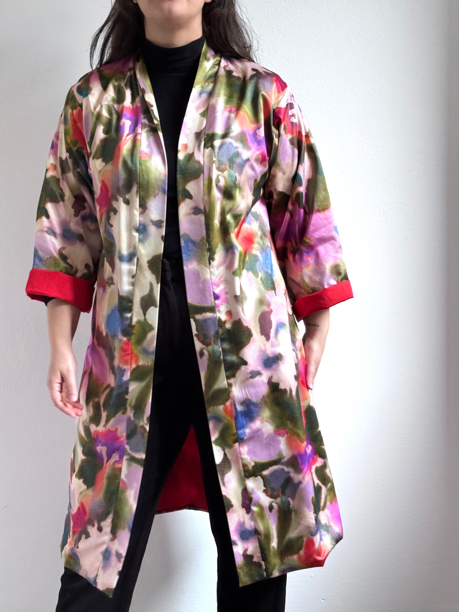 Kimono, FANTASIA FIORI CON FODERA CONTRASTO ROSSA
