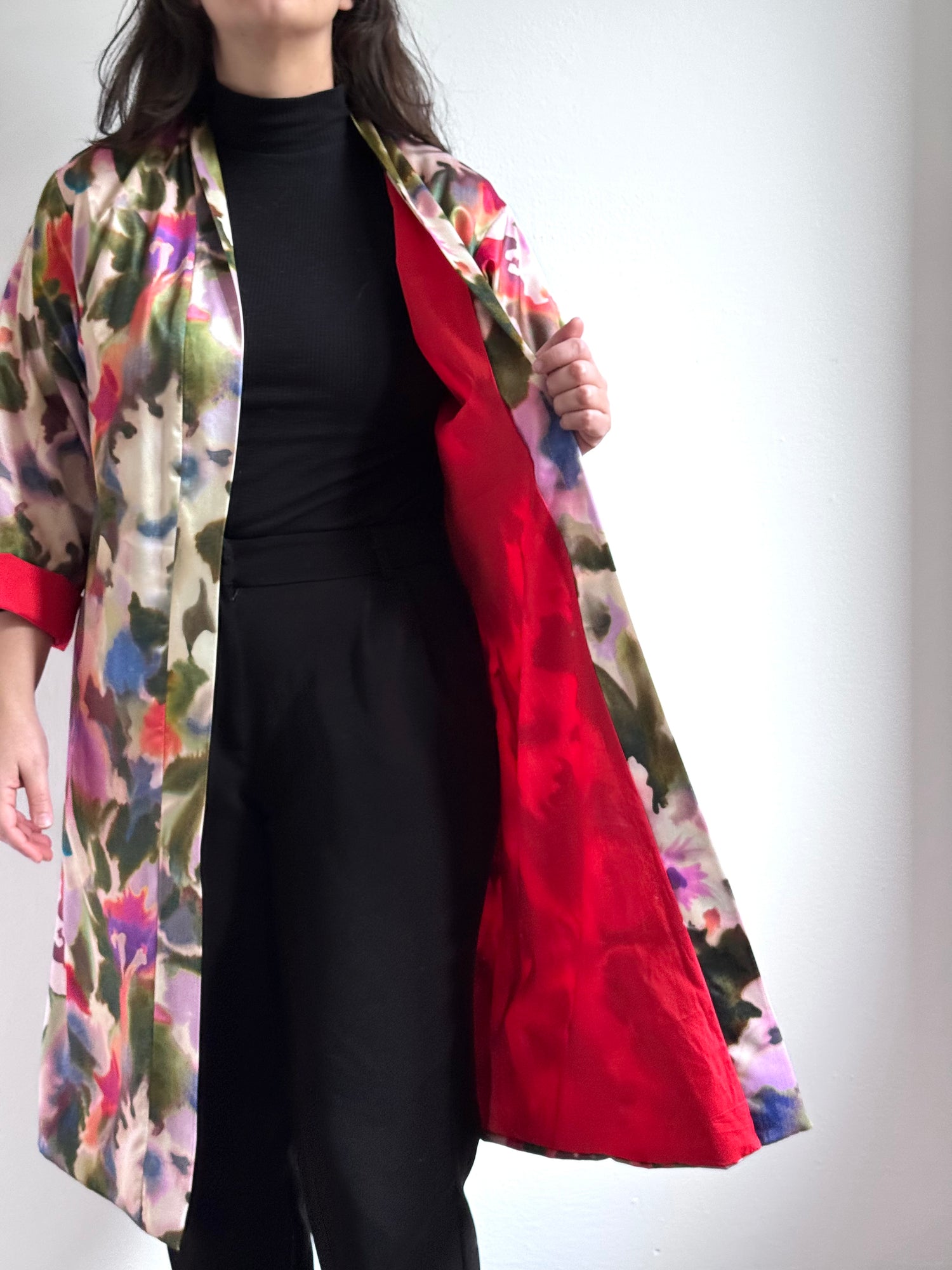 Kimono, FANTASIA FIORI CON FODERA CONTRASTO ROSSA